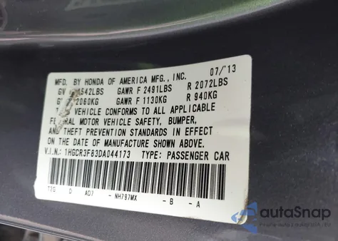 2013 Honda Accord Ex-L V-6 z USA, uszkodzony, nr VIN 1HGCR3F83DA044173